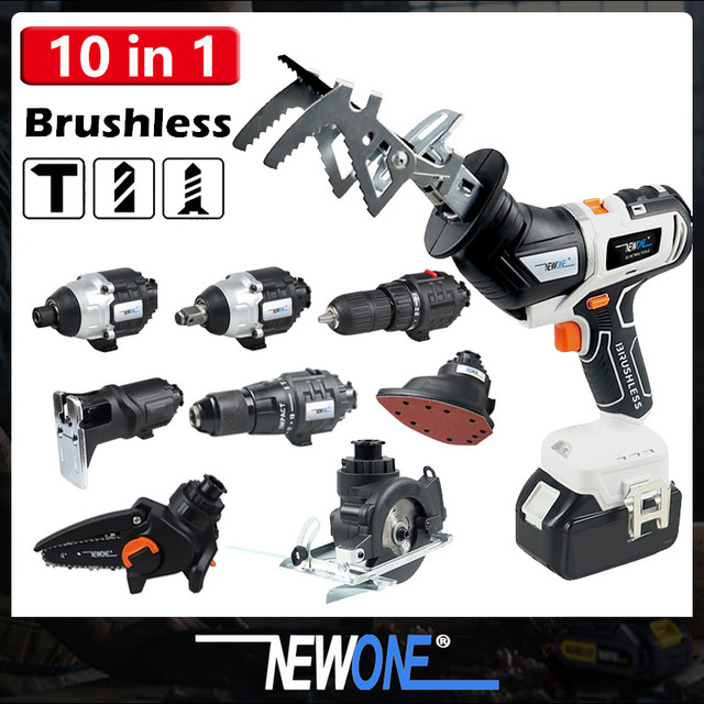 NEWONE 10 in 1 Brushless Multifunctional Tools Impact Drill Cordless DIY  Reciprocating Saw Sander Chainsaw Power